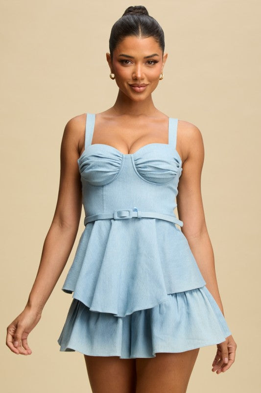 Denim Belted Romper – Light Blue