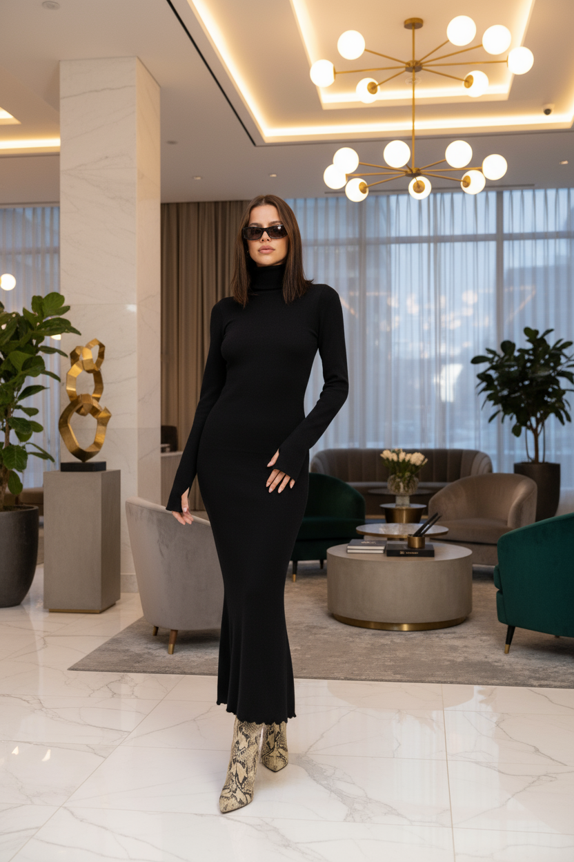 Turtle Neck Midi Dress with Back Cutout