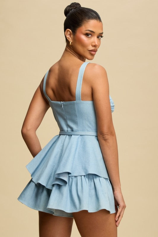 Denim Belted Romper – Light Blue